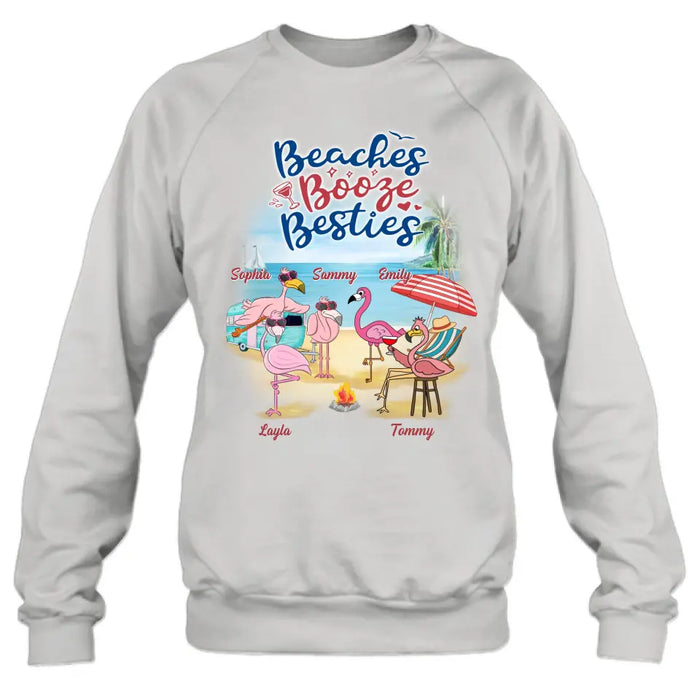 Custom Personalized Beach Besties Shirt/ Hoodie - Gift Idea For Besties/Friends/Beach Lovers - Upto 5 Flamingos  - Beaches Booze Besties