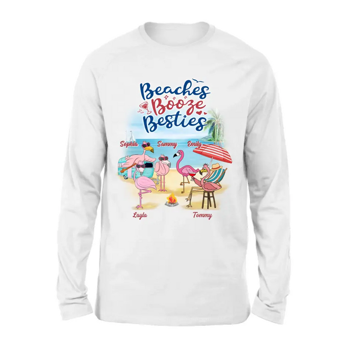 Custom Personalized Beach Besties Shirt/ Hoodie - Gift Idea For Besties/Friends/Beach Lovers - Upto 5 Flamingos  - Beaches Booze Besties