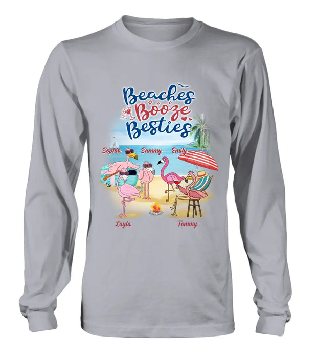 Custom Personalized Beach Besties Shirt/ Hoodie - Gift Idea For Besties/Friends/Beach Lovers - Upto 5 Flamingos  - Beaches Booze Besties