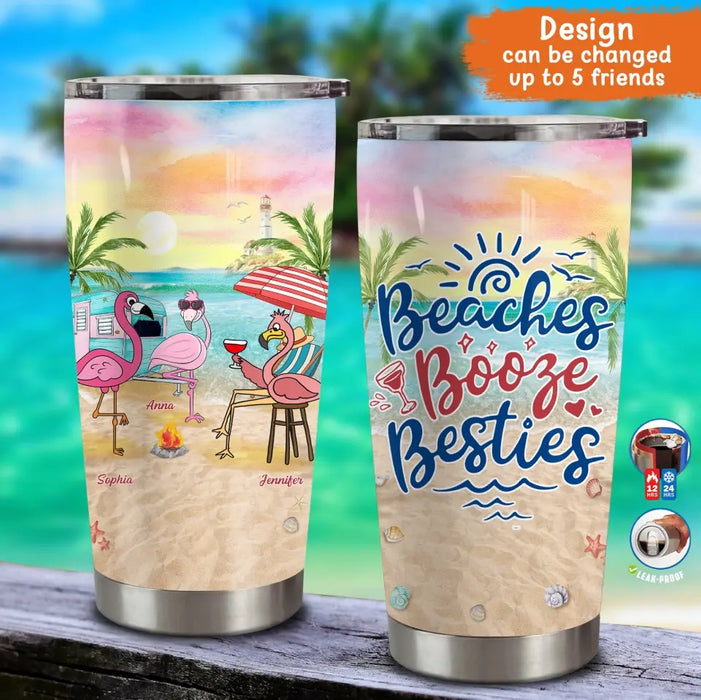 Custom Personalized Beach Besties Tumbler - Gift Idea For Besties/Friends/Beach Lovers - Upto 5 Flamingos - Beaches Booze Besties