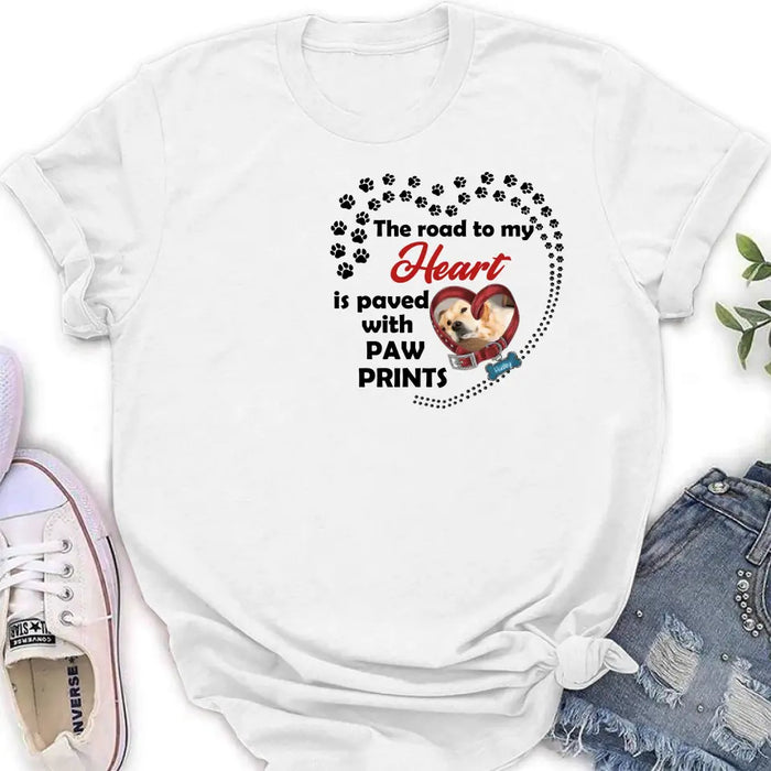 Custom Personalized Dog Collar Shirt/ Hoodie - Upload Photo - Memorial Gift Idea For Dog Lover/ Mother's Day/Father's Day - The Road To My Heart Is Paved With Paw Prints