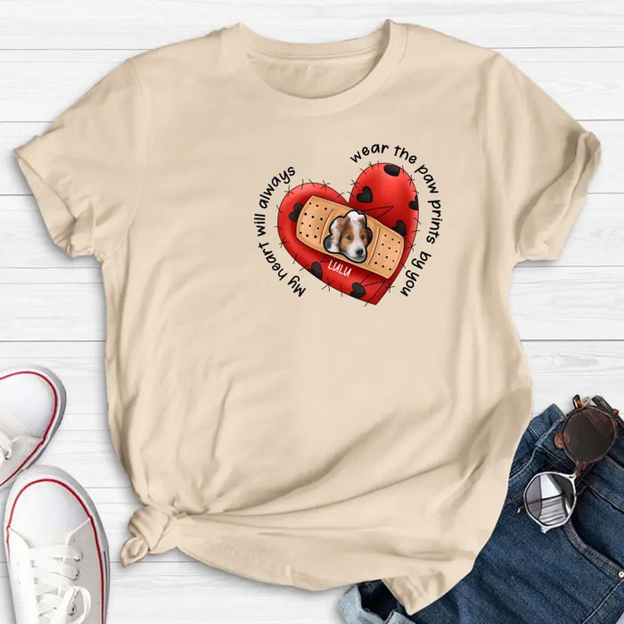 Custom Personalized Memorial Shirt/ Hoodie - Upload Dog Photo - Memorial Gift Idea For Dog Owner - My Heart Will Always Wear The Paw Prints By You