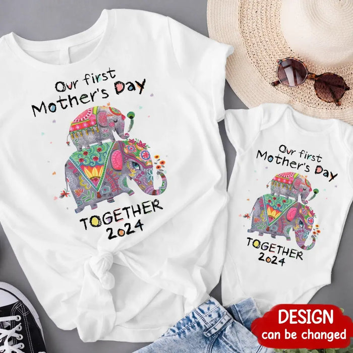 Custom Personalized First Mother's Day Together Elephant Shirt/Baby Onesie - Gift Idea For Mom/ Baby/ Mother's Day