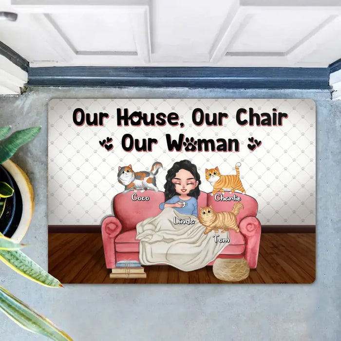 Custom Personalized Cat Mom Doormat - Gifts For Cat Lovers With Upto 7 Cats/Mother's Day - Our House Our Chair Our Woman