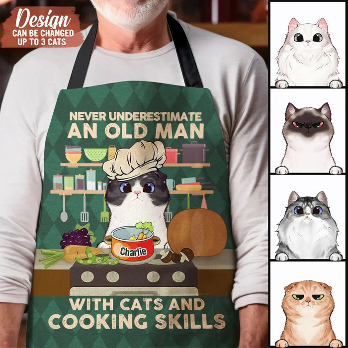 Custom Personalized Cat Mom/ Cat Dad Fashion Home Pocketless Apron - Upto 3 Cats - Gift Idea for Cat Lovers/ Cooking Lover - Never Underestimate An Old Man With Cats And Cooking Skills