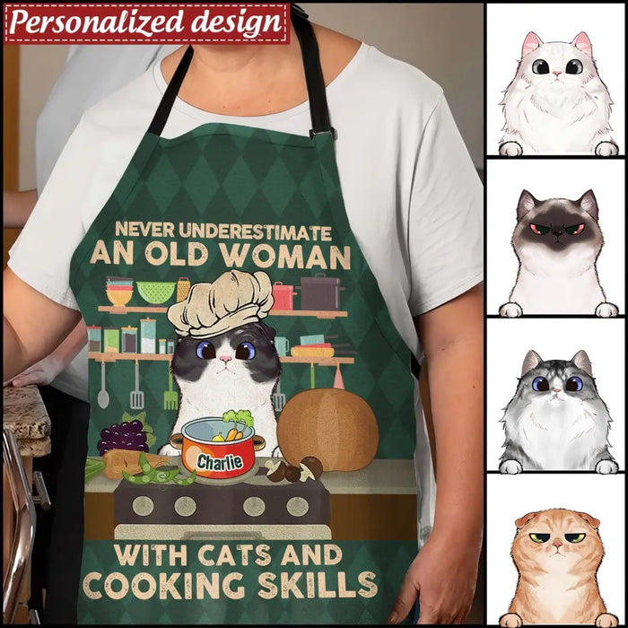 Custom Personalized Cat Mom/ Cat Dad Fashion Home Pocketless Apron - Upto 3 Cats - Gift Idea for Cat Lovers/ Cooking Lover - Never Underestimate An Old Man With Cats And Cooking Skills