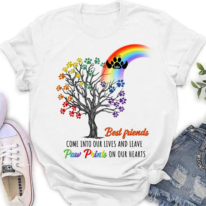 Custom Personalized Rainbow Bridge Memorial Shirt/ Hoodie - Memorial Gift Idea For Dog Lover - Upto 4 Dogs - Best Friends Come Into Our Lives And Leave Paw Prints On Our Hearts