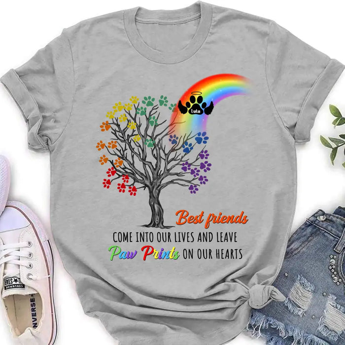 Custom Personalized Rainbow Bridge Memorial Shirt/ Hoodie - Memorial Gift Idea For Dog Lover - Upto 4 Dogs - Best Friends Come Into Our Lives And Leave Paw Prints On Our Hearts