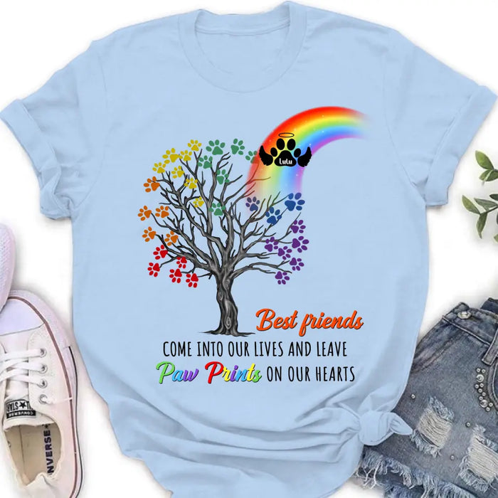 Custom Personalized Rainbow Bridge Memorial Shirt/ Hoodie - Memorial Gift Idea For Dog Lover - Upto 4 Dogs - Best Friends Come Into Our Lives And Leave Paw Prints On Our Hearts