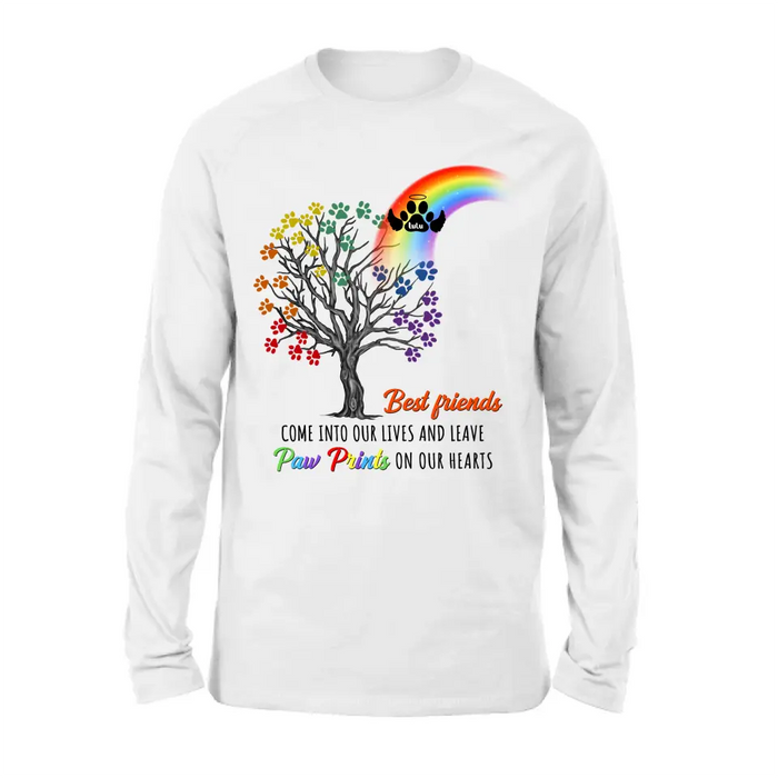 Custom Personalized Rainbow Bridge Memorial Shirt/ Hoodie - Memorial Gift Idea For Dog Lover - Upto 4 Dogs - Best Friends Come Into Our Lives And Leave Paw Prints On Our Hearts