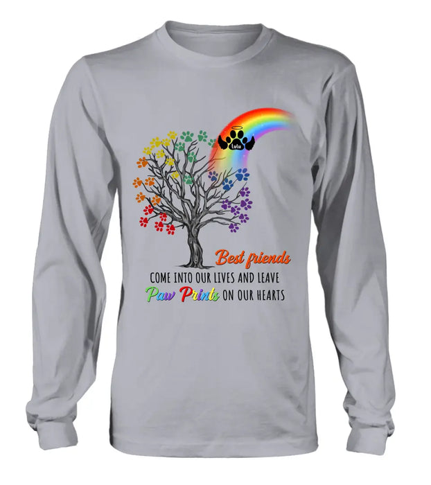 Custom Personalized Rainbow Bridge Memorial Shirt/ Hoodie - Memorial Gift Idea For Dog Lover - Upto 4 Dogs - Best Friends Come Into Our Lives And Leave Paw Prints On Our Hearts