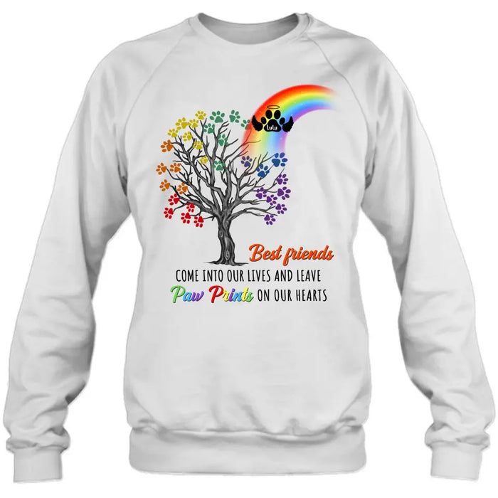 Custom Personalized Rainbow Bridge Memorial Shirt/ Hoodie - Memorial Gift Idea For Dog Lover - Upto 4 Dogs - Best Friends Come Into Our Lives And Leave Paw Prints On Our Hearts