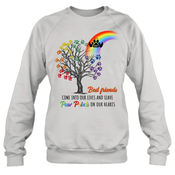 Custom Personalized Rainbow Bridge Memorial Shirt/ Hoodie - Memorial Gift Idea For Dog Lover - Upto 4 Dogs - Best Friends Come Into Our Lives And Leave Paw Prints On Our Hearts