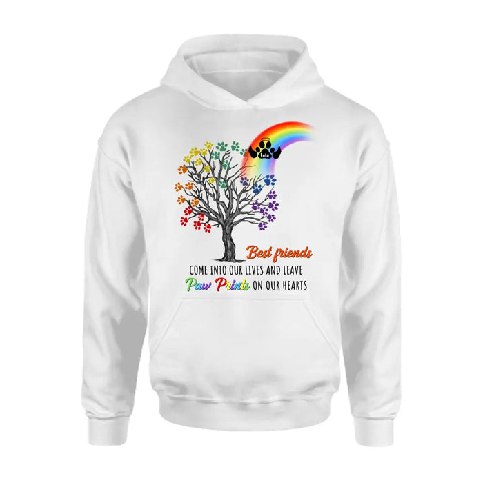 Custom Personalized Rainbow Bridge Memorial Shirt/ Hoodie - Memorial Gift Idea For Dog Lover - Upto 4 Dogs - Best Friends Come Into Our Lives And Leave Paw Prints On Our Hearts