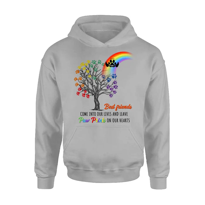 Custom Personalized Rainbow Bridge Memorial Shirt/ Hoodie - Memorial Gift Idea For Dog Lover - Upto 4 Dogs - Best Friends Come Into Our Lives And Leave Paw Prints On Our Hearts