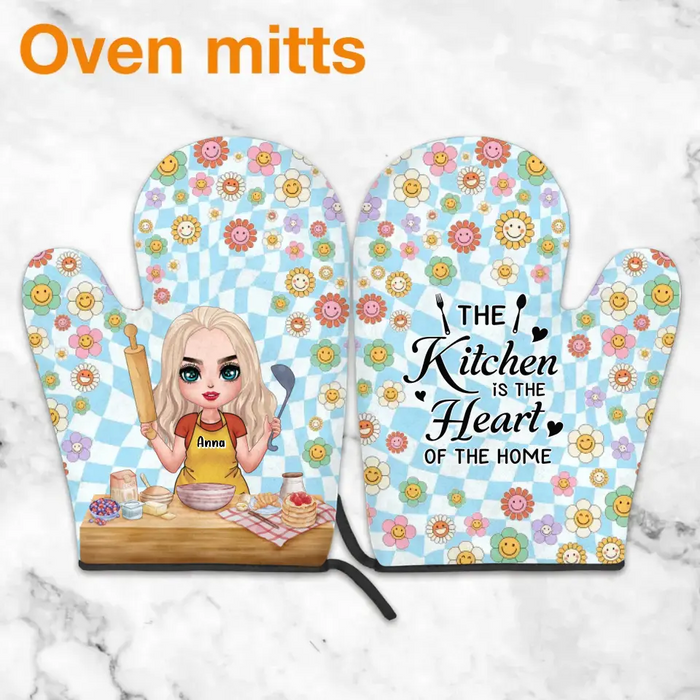 Custom Personalized Cooking Girl Heat Resistant Oven Mitts With Pot Holders - Gift Idea for Mother's Day/ Cooking Lover - The Kitchen Is The Heart Of The Home