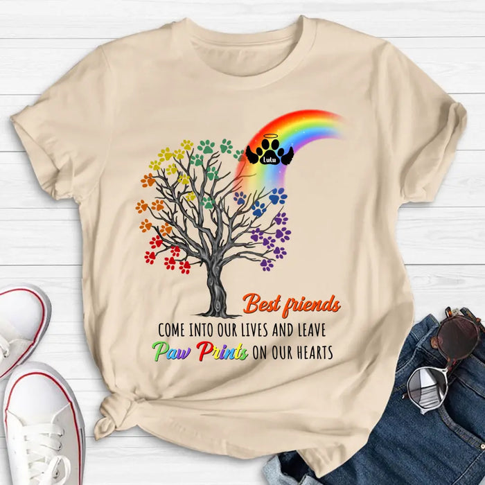 Custom Personalized Rainbow Bridge Memorial Shirt/ Hoodie - Memorial Gift Idea For Dog Lover - Upto 4 Dogs - Best Friends Come Into Our Lives And Leave Paw Prints On Our Hearts