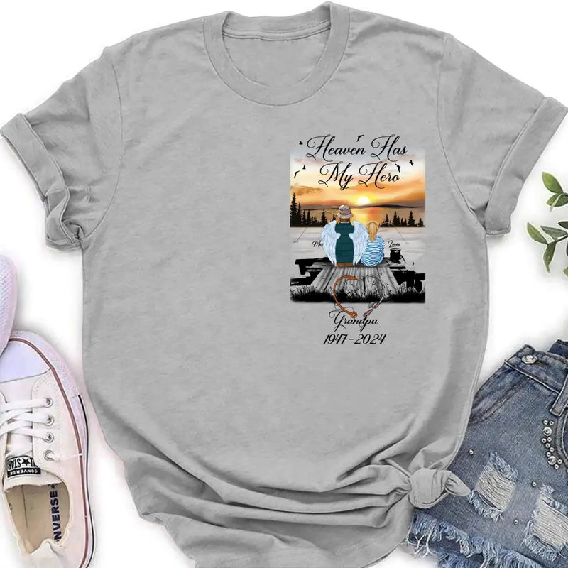 Personalized Memorial Fishing Grandpa Shirt/Hoodie - Memorial Gift Idea For Dad/Grandpa/Father's Day - Heaven Has My Hero