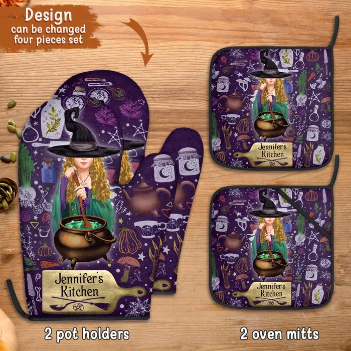 Custom Personalized Witch Heat Resistant Oven Mitts With Pot Holders - Gift Idea for Witch Lover