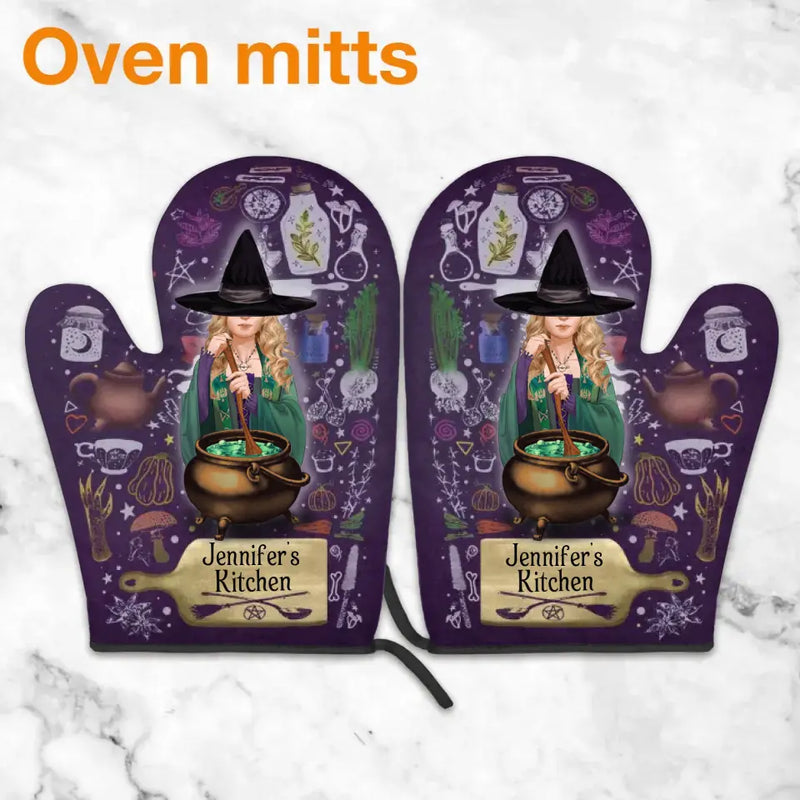 Personalized Witch Heat Resistant Oven Mitts With Pot Holders - Gift Idea for Witch Lover