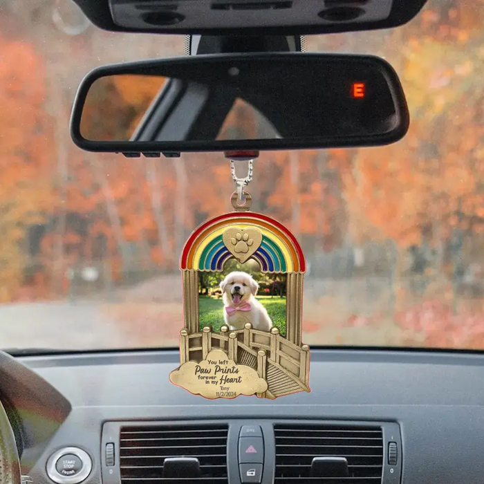 Custom Personalized Rainbow Bridge Pet Memorial Aluminum Car Ornament - Upload Photo - Memorial Gift Idea For Pet Lovers - You Left Pawprints Forever In My Heart