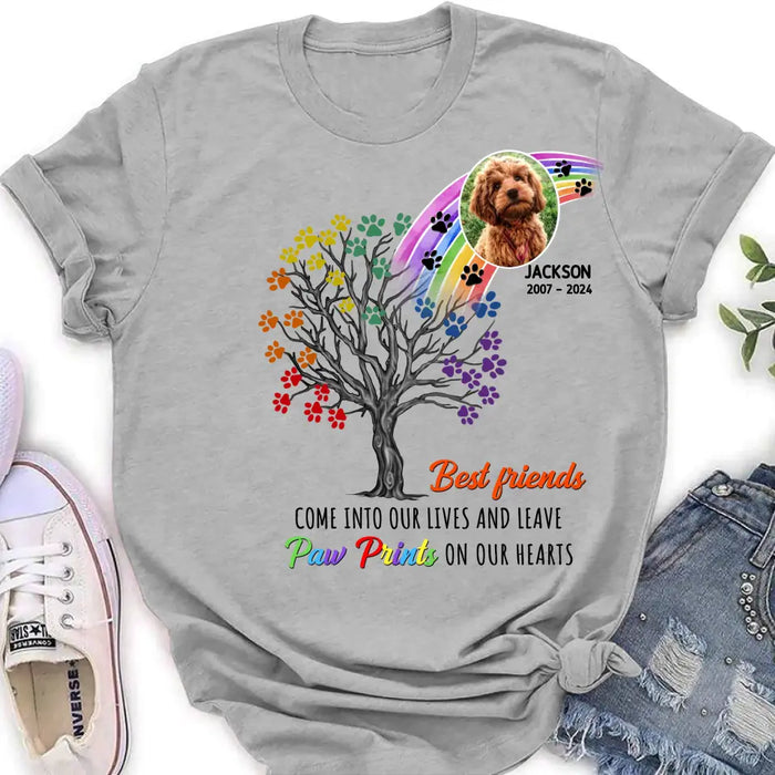 Custom Personalized Memorial Dog Shirt/ Hoodie - Memorial Gift Idea For Dog Lovers - Upload Photo - Best Friends Come Into Our Lives And Leave Paw Prints On Our Hearts