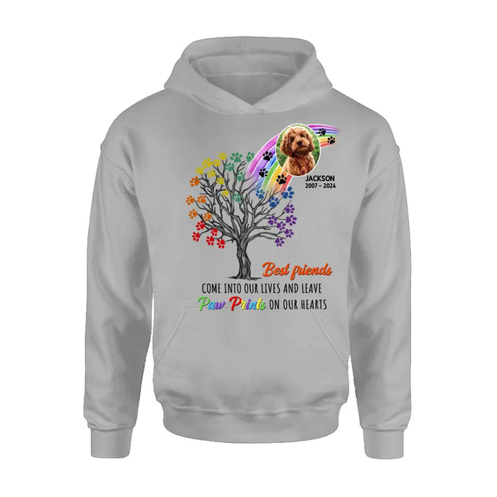 Custom Personalized Memorial Dog Shirt/ Hoodie - Memorial Gift Idea For Dog Lovers - Upload Photo - Best Friends Come Into Our Lives And Leave Paw Prints On Our Hearts