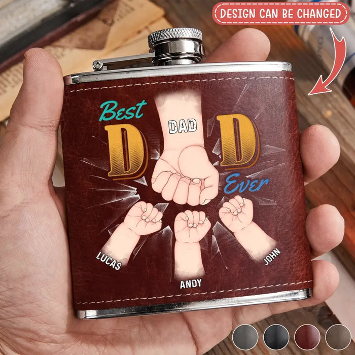 Custom Personalized Best Dad Ever Leather Flask - Up to 5 Kids - Gift Idea For Dad/ Father's Day