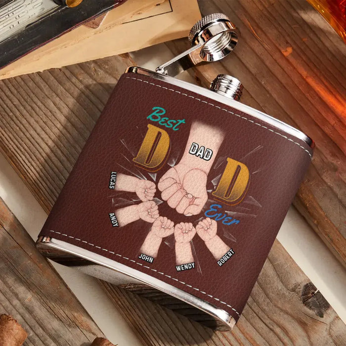 Custom Personalized Best Dad Ever Leather Flask - Up to 5 Kids - Gift Idea For Dad/ Father's Day