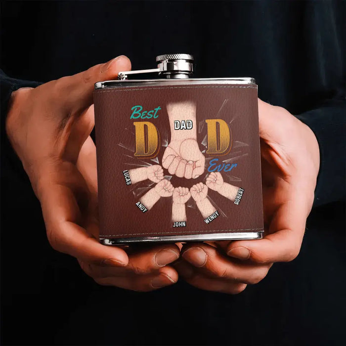 Custom Personalized Best Dad Ever Leather Flask - Up to 5 Kids - Gift Idea For Dad/ Father's Day