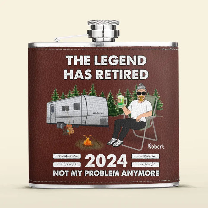 Custom Personalized Camping Leather Flask - Retirement Gift Idea For Camping Lover/ Grandparents - The Legend Has Retired 2024 Not My Problem Anymore