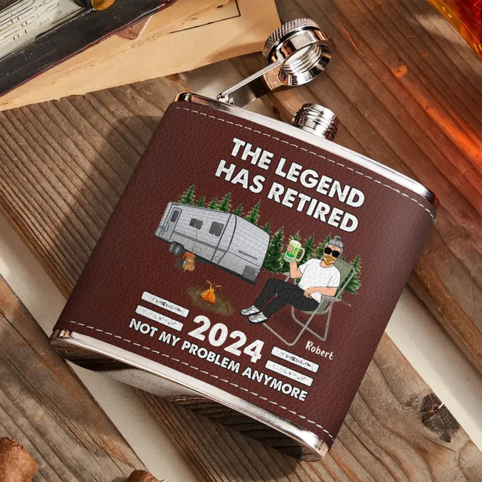 Custom Personalized Camping Leather Flask - Retirement Gift Idea For Camping Lover/ Grandparents - The Legend Has Retired 2024 Not My Problem Anymore