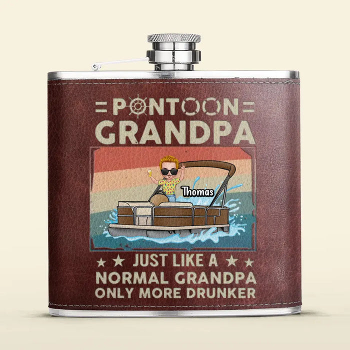 Custom Personalized Pontoon Captain Leather Flask - Best Gift Idea For Father's Day/Grandpa - Pontoon Grandpa Just Like A Normal Grandpa Only More Drunker