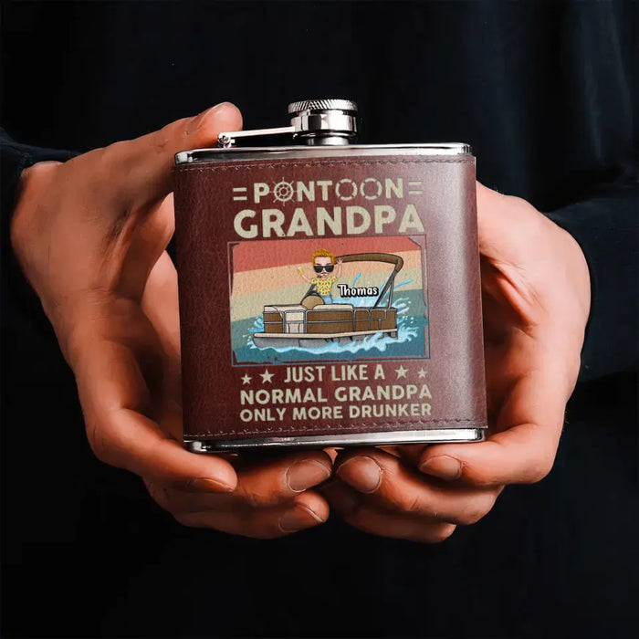 Custom Personalized Pontoon Captain Leather Flask - Best Gift Idea For Father's Day/Grandpa - Pontoon Grandpa Just Like A Normal Grandpa Only More Drunker