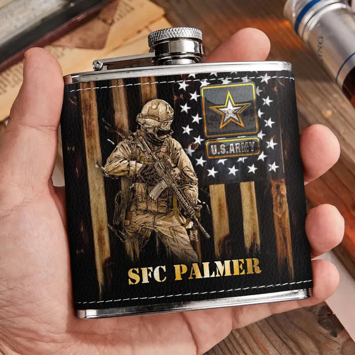 Custom Personalized Veteran Leather Flask - Father's Day Gift Idea For Dad/Veteran