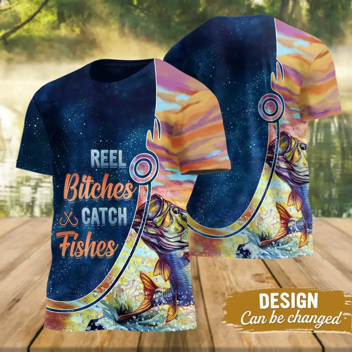 Custom Personalized Fishing Girl AOP T-Shirt - Funny Gift Idea For Fishing Lovers - Reel Bitches Catch Fishes