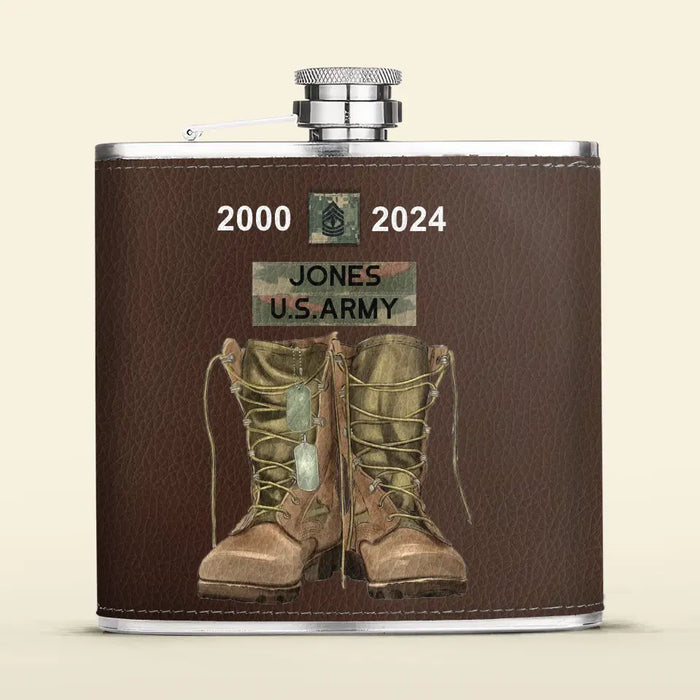 Custom Personalized American Army Boots Leather Flask - Gift Idea For Dad/ Son/ Friend/ Veteran - Custom Rank And Names