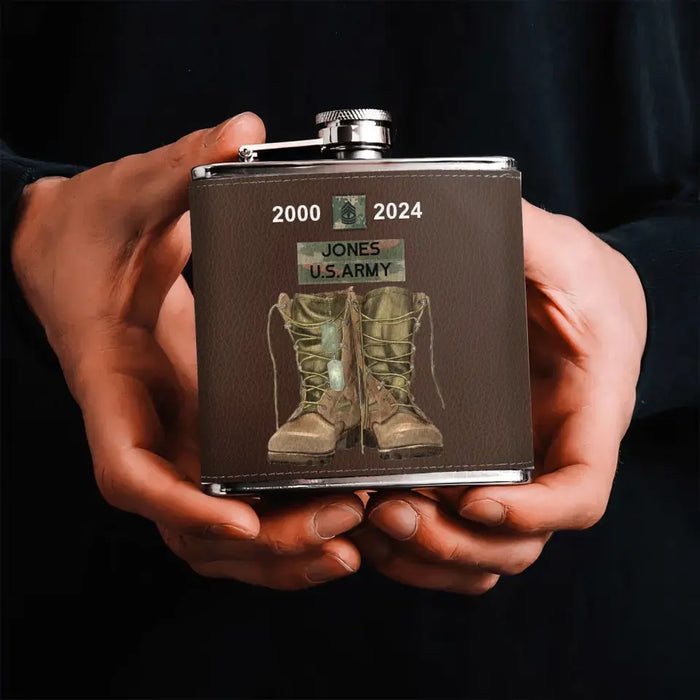 Custom Personalized American Army Boots Leather Flask - Gift Idea For Dad/ Son/ Friend/ Veteran - Custom Rank And Names