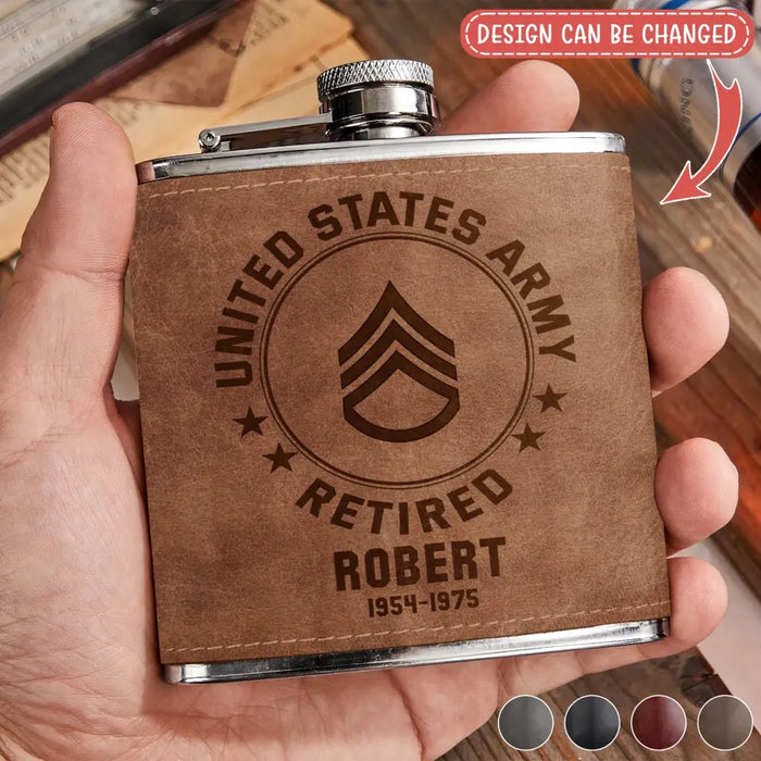 Custom Personalized US Military Veteran Leather Flask - Gift Idea For Dad/ Son/ Friend/ Veteran