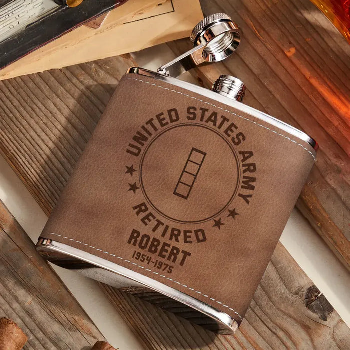 Custom Personalized US Military Veteran Leather Flask - Gift Idea For Dad/ Son/ Friend/ Veteran