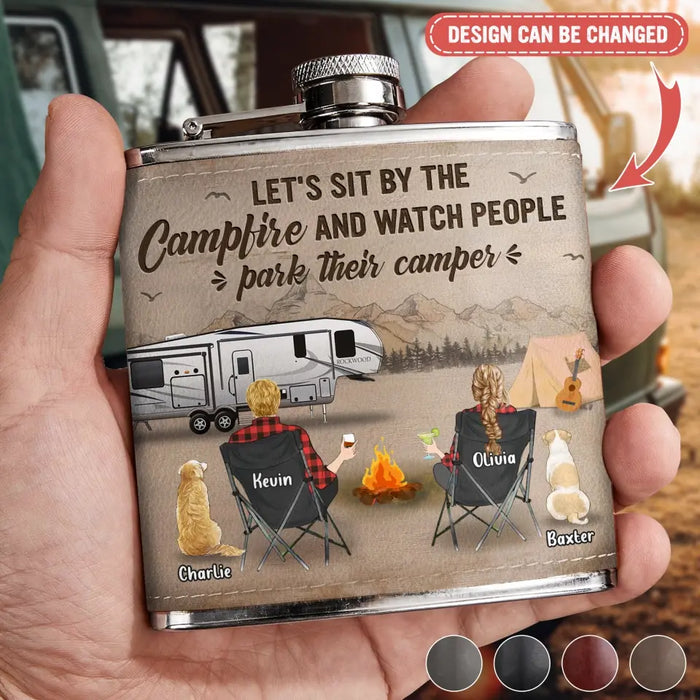 Custom Personalized Camping Leather Flask - Gift Idea For Camping Lover/ Couple/ Family - Couple/ Parents With Upto 3 Kids And 2 Pets - Let's Sit By The Campfire And Watch People Park Their Campers