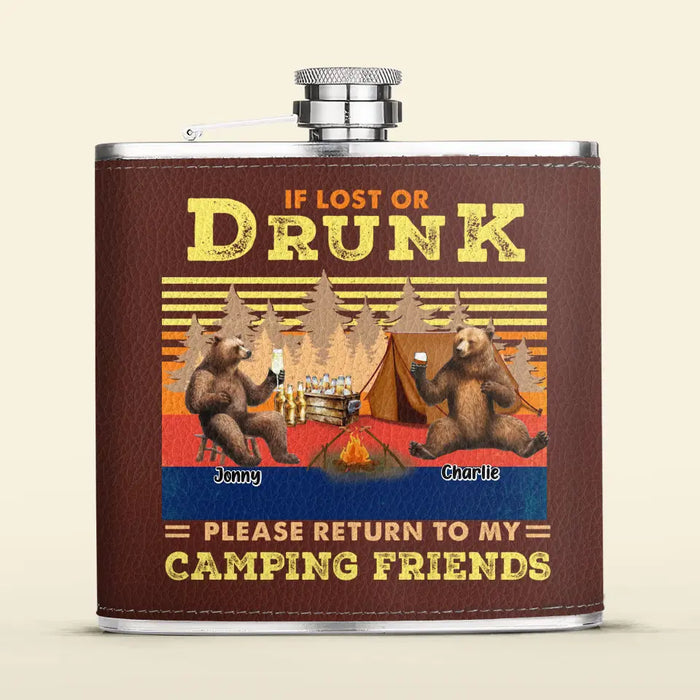 Custom Personalized Camping Leather Flask - Upto 6 Bears - Father's Day Gift Idea for Camping Lovers -If Lost Or Drunk Please Return To My Camping Friends