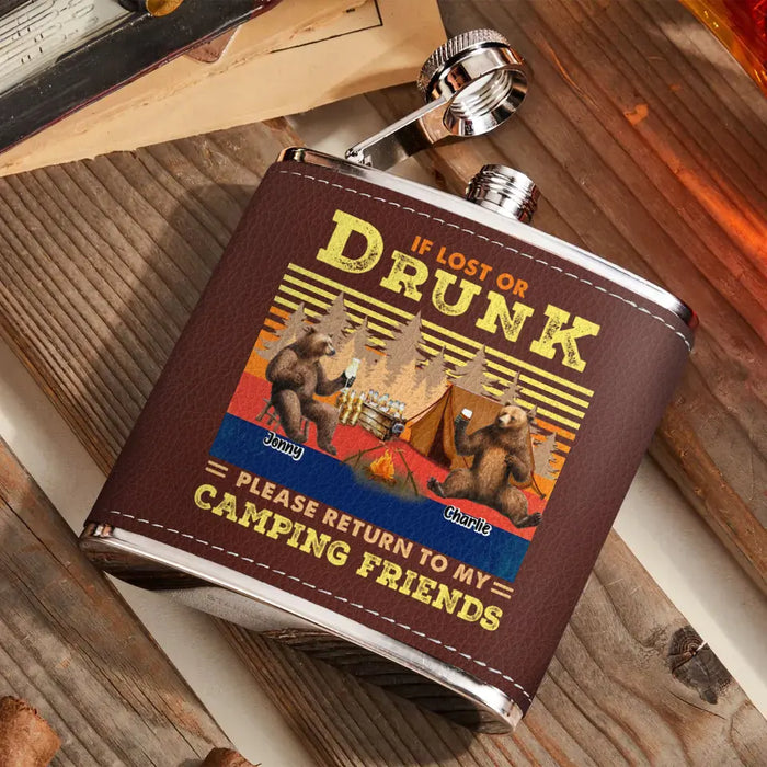 Custom Personalized Camping Leather Flask - Upto 6 Bears - Father's Day Gift Idea for Camping Lovers -If Lost Or Drunk Please Return To My Camping Friends