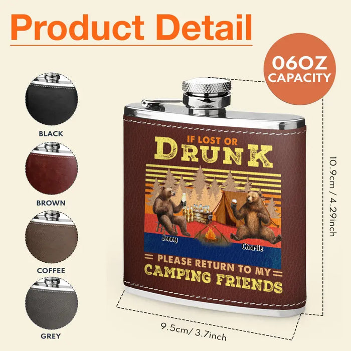 Custom Personalized Camping Leather Flask - Upto 6 Bears - Father's Day Gift Idea for Camping Lovers -If Lost Or Drunk Please Return To My Camping Friends