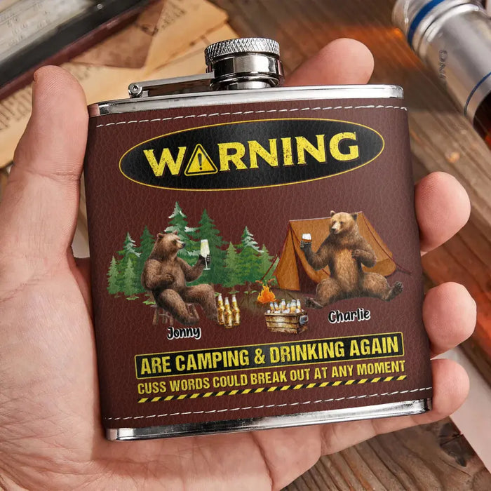 Custom Personalized Camping Leather Flask - Upto 6 Bears - Father's Day Gift Idea for Camping Lovers -Warning Are Camping & Drinking Again