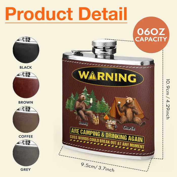 Custom Personalized Camping Leather Flask - Upto 6 Bears - Father's Day Gift Idea for Camping Lovers -Warning Are Camping & Drinking Again