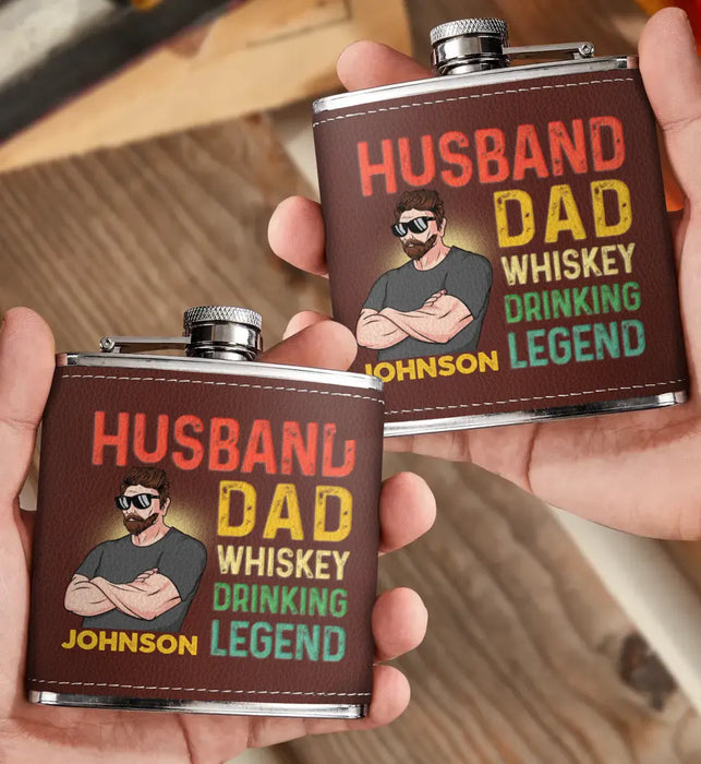 Custom Personalized Dad Leather Flask -  Father's Day Gift Idea For Dad - Husband Dad Whiskey Drinking Legend