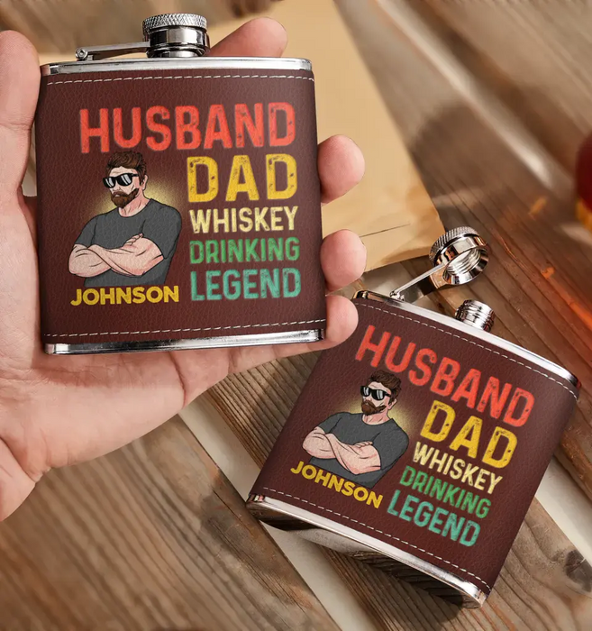 Custom Personalized Dad Leather Flask -  Father's Day Gift Idea For Dad - Husband Dad Whiskey Drinking Legend