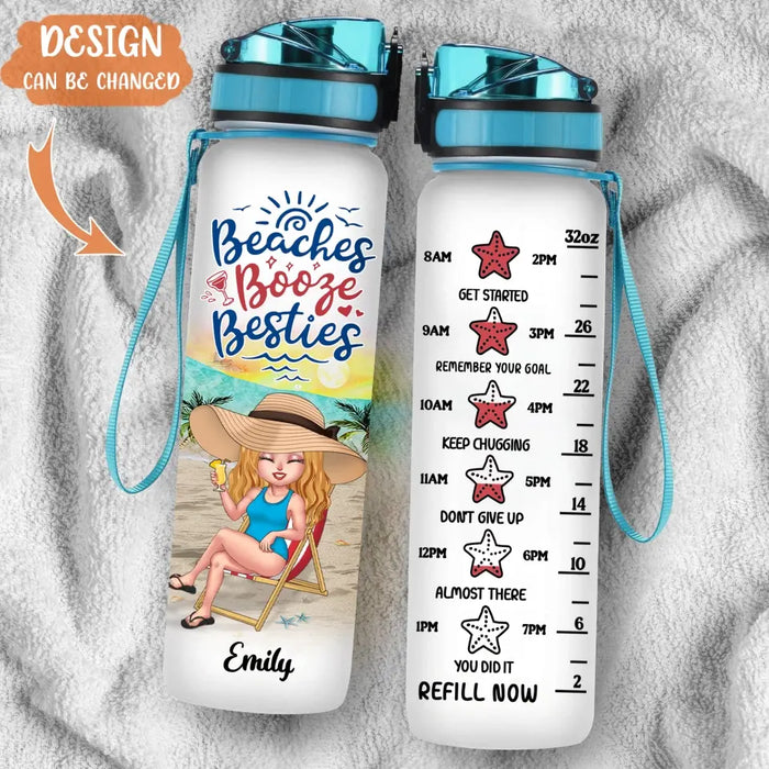 Custom Personalized Beach Camping Water Tracker Bottle - Gift Idea For Best Friends/ Beach Lovers with up to 5 Women - Beach Booze Besties