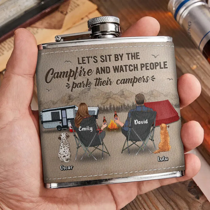 Custom Personalized Camping Leather Flask - Gift Idea For Camping Lover/ Couple/ Family - Couple/ Parents With Upto 3 Kids And 2 Pets - Let's Sit By The Campfire And Watch People Park Their Campers